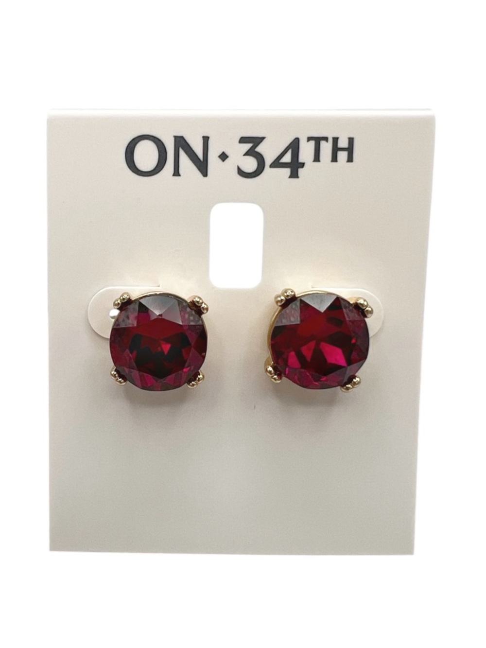 NWT On 34th Deep Red Pink Large Faceted Glass Stud Earrings